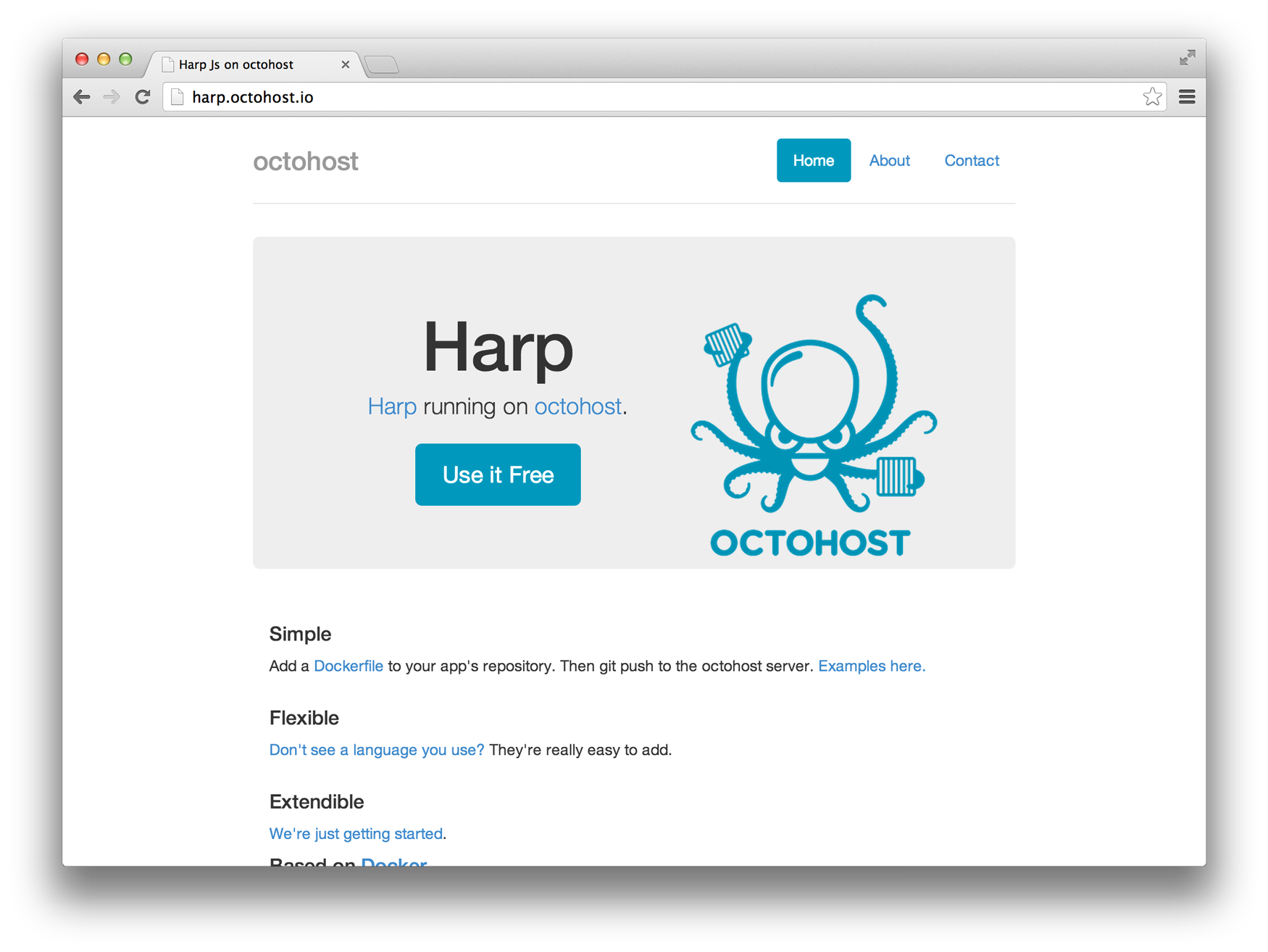 A screenshot of the default Octohost and Harp application.