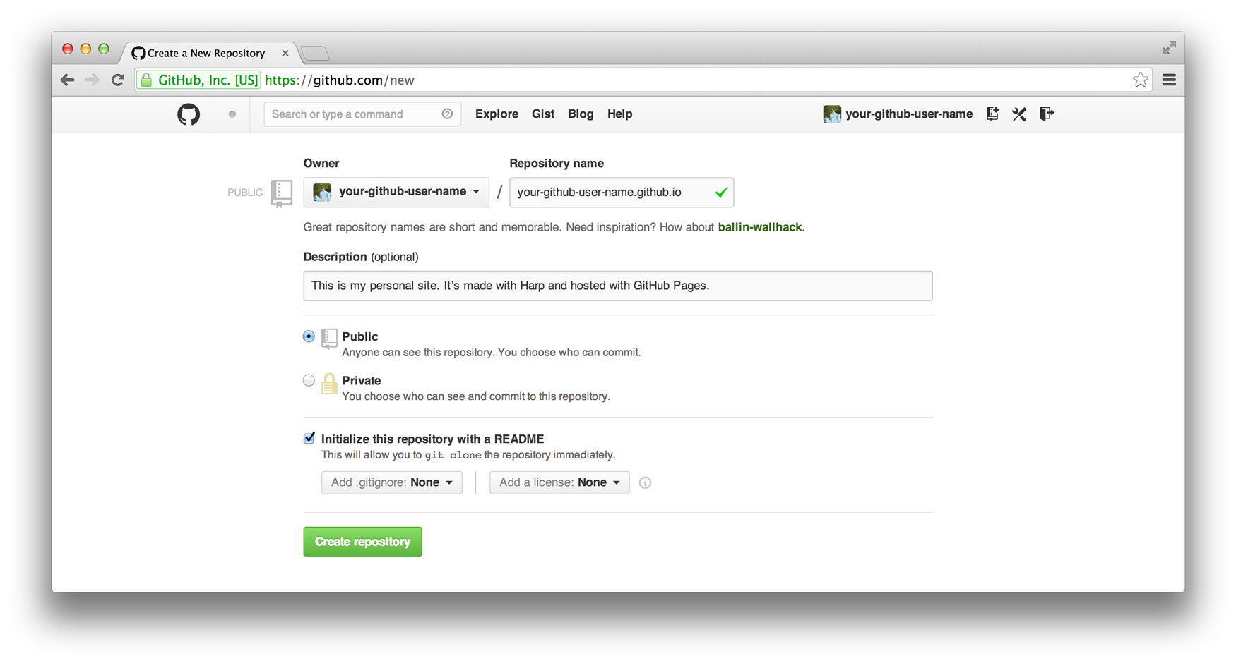The settings to use for your new repository on GitHub.